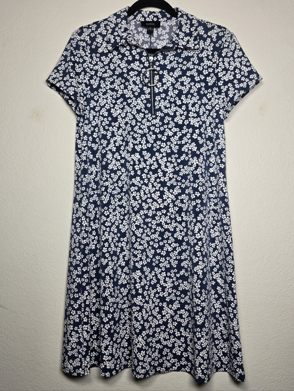 MSK Navy Blue White Floral Polo Half Zip Shift Dress Size M